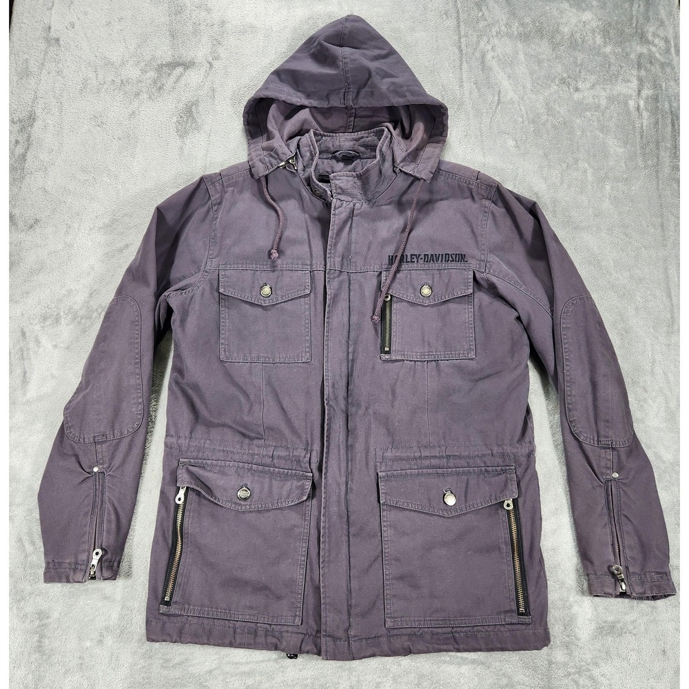Harley-Davidson Jacket Mens Medium Purple Hooded Parka Skull Graphic Zip Pockets